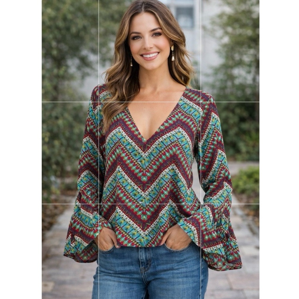 Roper Boho Rodeo Top Bell Sleeve Western Hippie Turquoise Colorful V-Neck Size L
